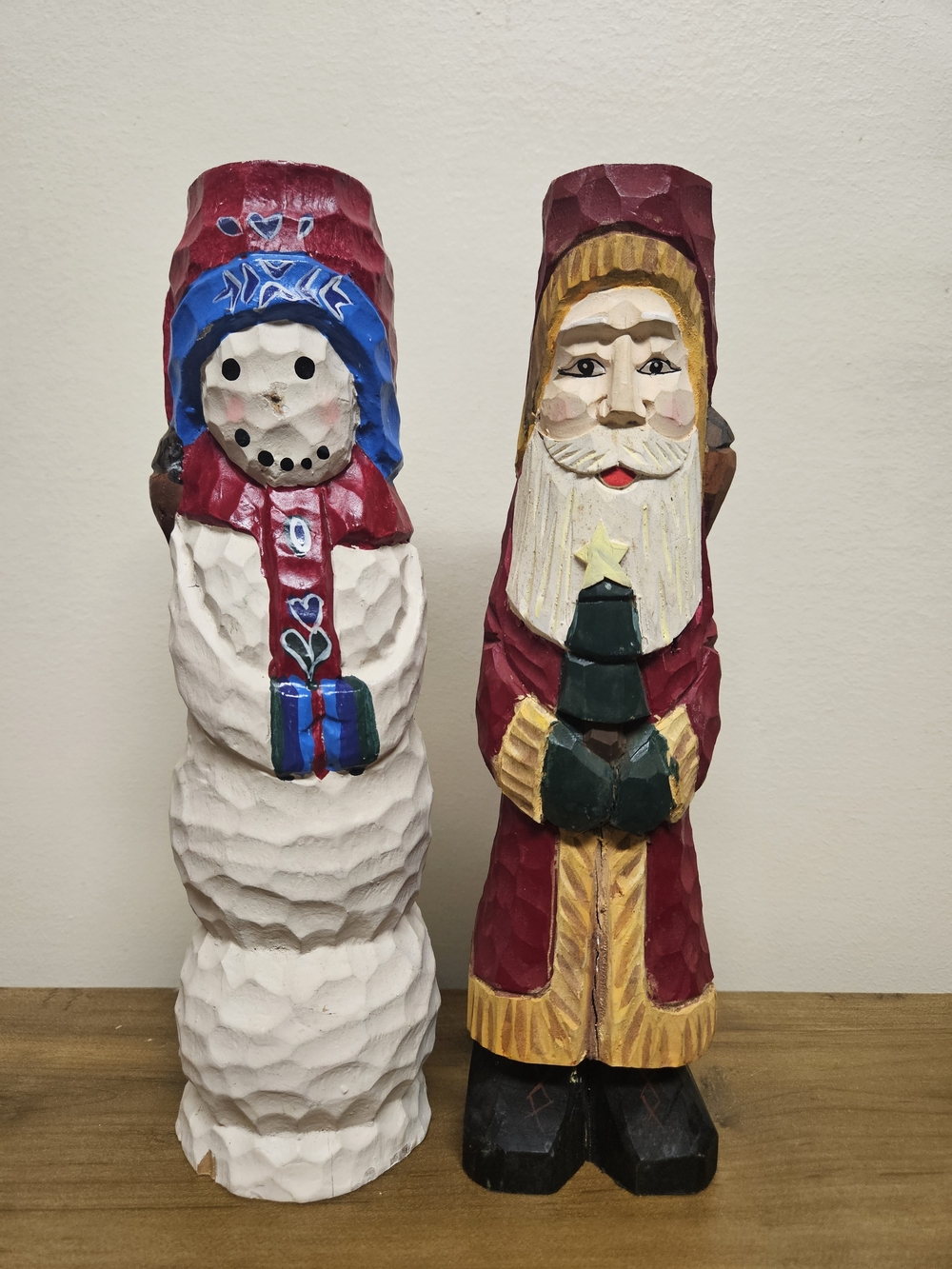 Vintage 1990s Folk Art Wood Christmas Figurines Santa Snowman Candle Holders 10"